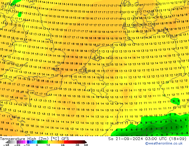 température 2m max GFS sam 21.09.2024 03 UTC