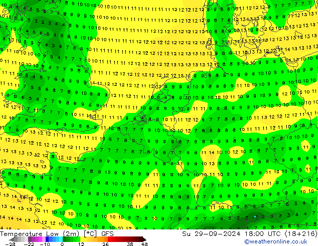 Min. Temperatura (2m) GFS nie. 29.09.2024 18 UTC