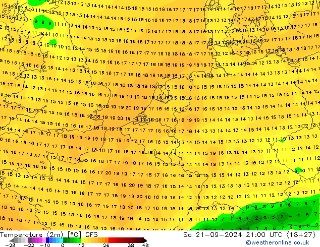 Temperaturkarte (2m) GFS Sa 21.09.2024 21 UTC