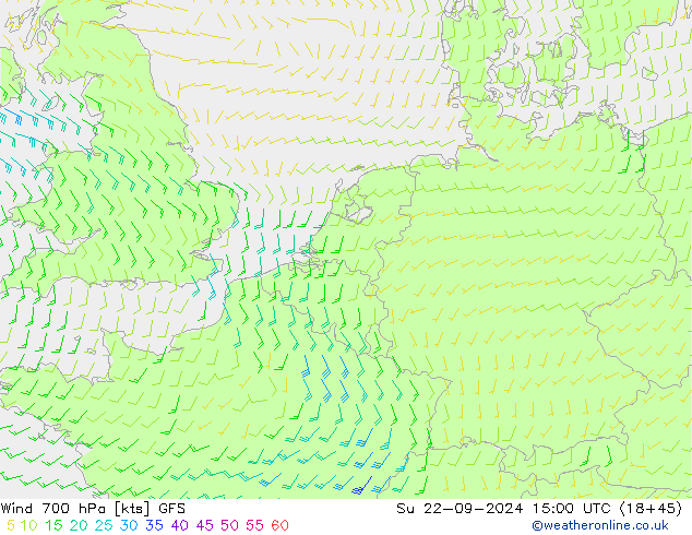 Wind 700 hPa GFS Su 22.09.2024 15 UTC