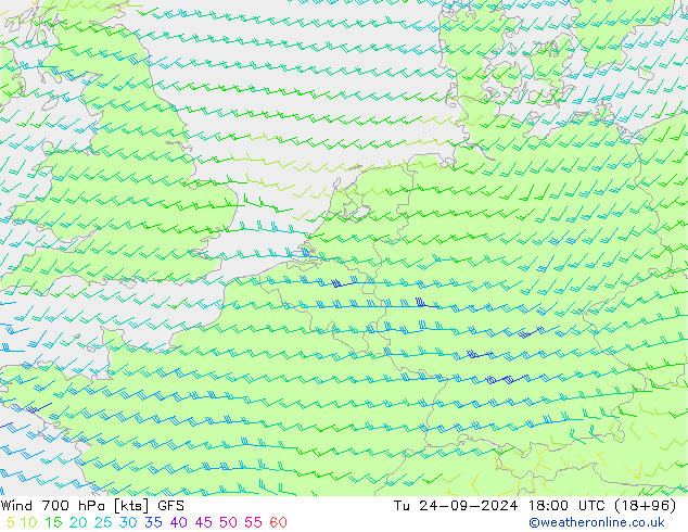 Wind 700 hPa GFS Tu 24.09.2024 18 UTC