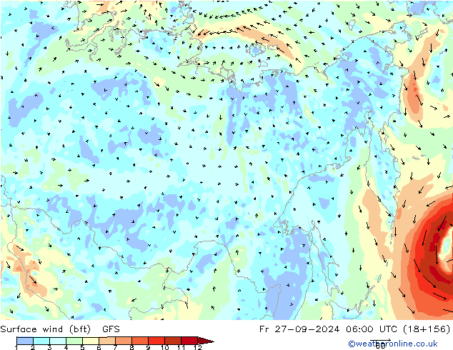 Vento 10 m (bft) GFS Sex 27.09.2024 06 UTC