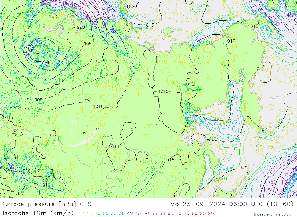 Isotachs (kph) GFS Seg 23.09.2024 06 UTC