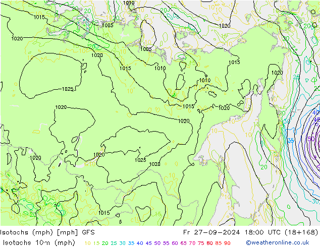 Isotachen (mph) GFS vr 27.09.2024 18 UTC