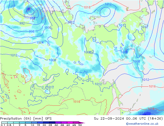 Precipitation (6h) GFS Su 22.09.2024 06 UTC