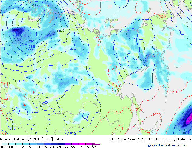 Precipitation (12h) GFS Mo 23.09.2024 06 UTC