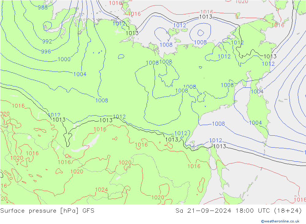 Presión superficial GFS sáb 21.09.2024 18 UTC