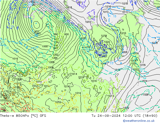 Theta-e 850hPa GFS Tu 24.09.2024 12 UTC