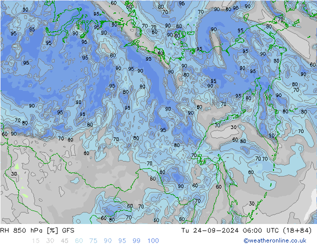 RH 850 hPa GFS Út 24.09.2024 06 UTC