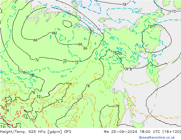 Height/Temp. 925 hPa GFS Mi 25.09.2024 18 UTC