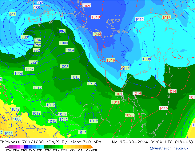 Thck 700-1000 hPa GFS Mo 23.09.2024 09 UTC