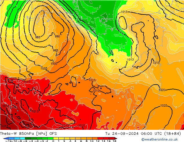 Theta-W 850hPa GFS Út 24.09.2024 06 UTC