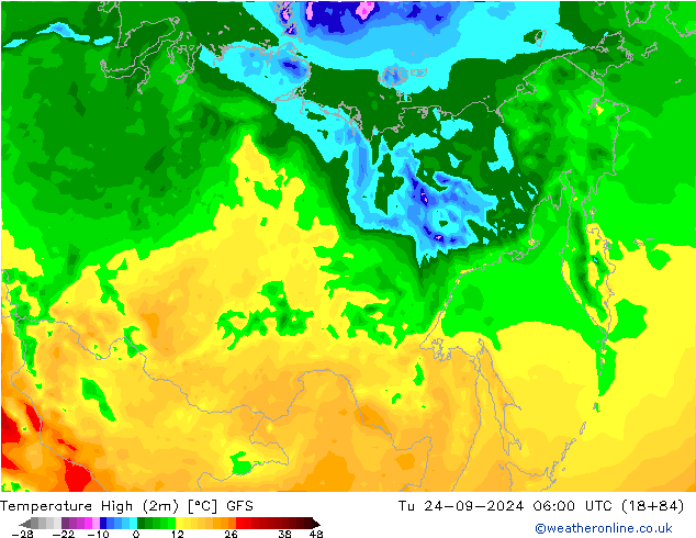 Nejvyšší teplota (2m) GFS Út 24.09.2024 06 UTC