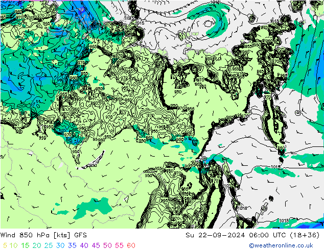 Wind 850 hPa GFS Su 22.09.2024 06 UTC