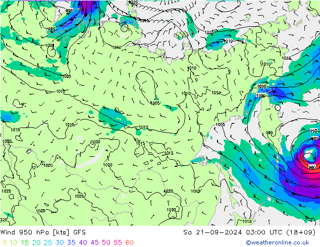ветер 950 гПа GFS сб 21.09.2024 03 UTC