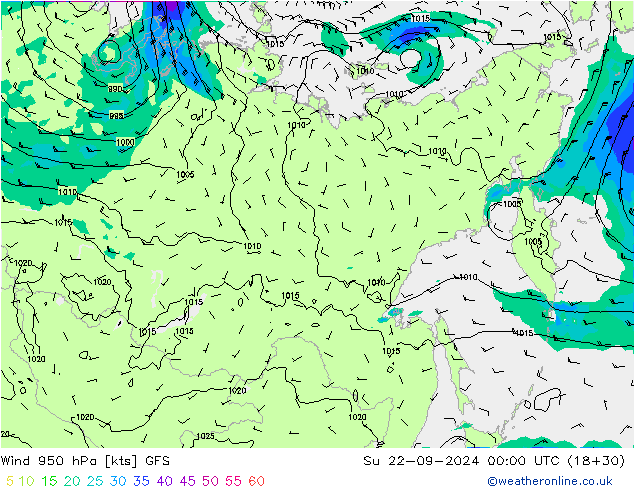 Neerslag 6h/Wind 10m/950 GFS zo 22.09.2024 00 UTC