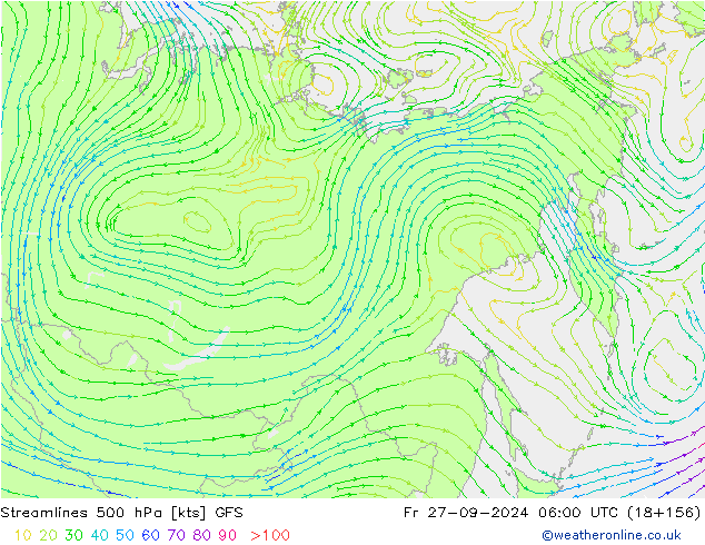 Ligne de courant 500 hPa GFS ven 27.09.2024 06 UTC