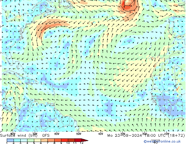 Vento 10 m (bft) GFS Seg 23.09.2024 18 UTC