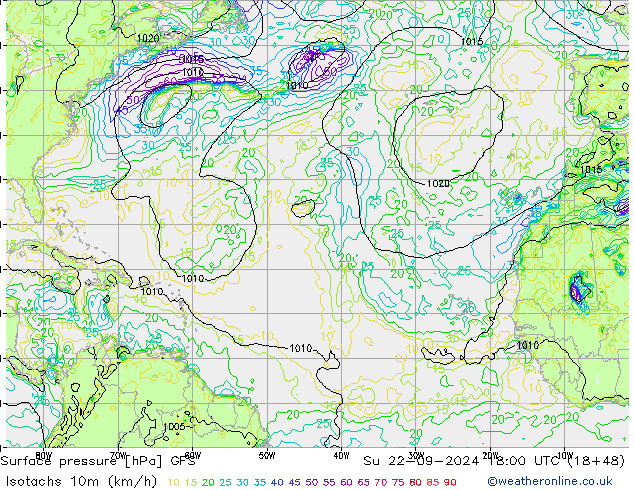 Isotachs (kph) GFS Вс 22.09.2024 18 UTC