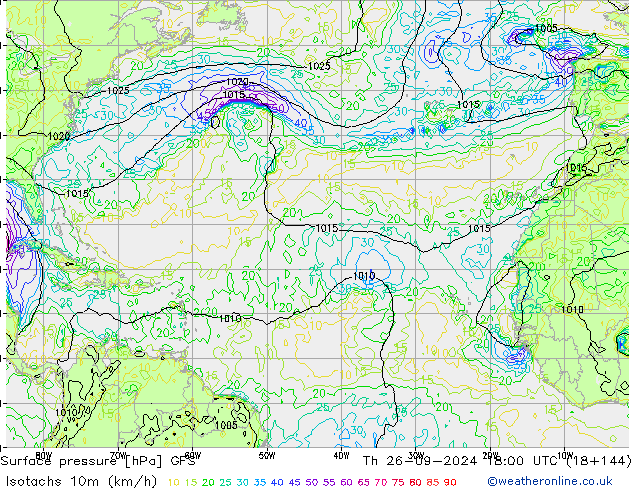 Isotachs (kph) GFS jeu 26.09.2024 18 UTC