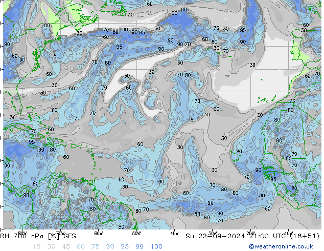 RH 700 hPa GFS nie. 22.09.2024 21 UTC