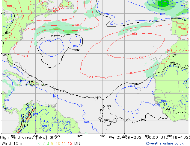 High wind areas GFS mer 25.09.2024 00 UTC