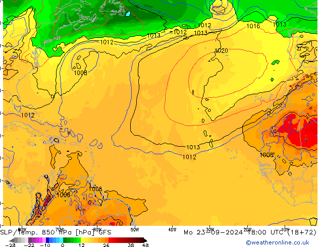 SLP/Temp. 850 hPa GFS lun 23.09.2024 18 UTC