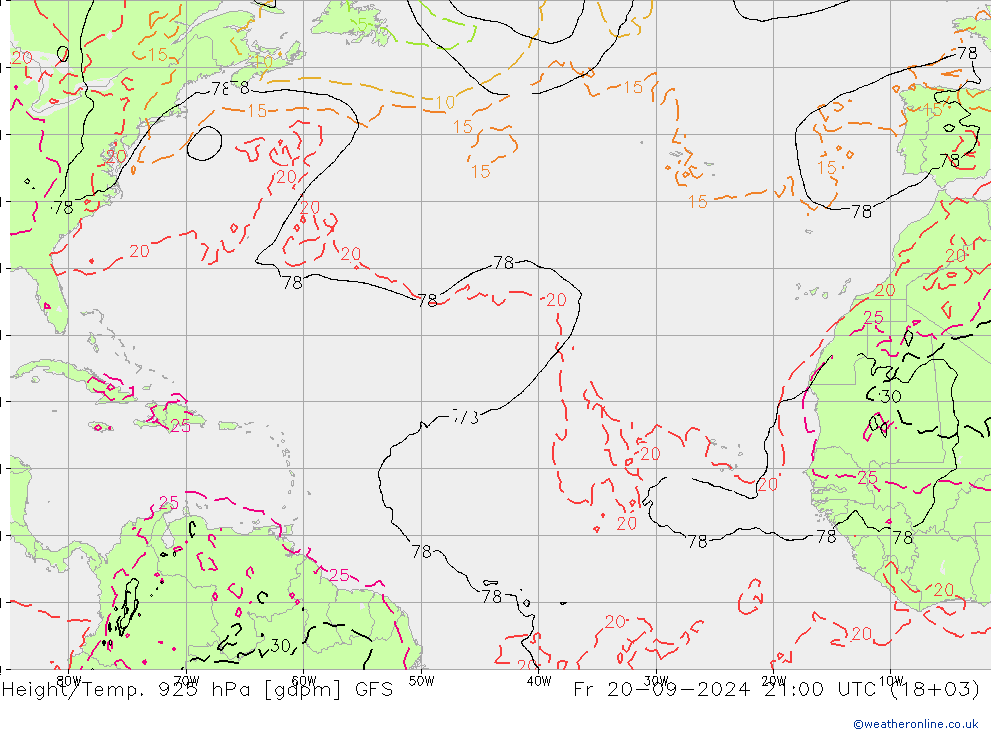 Height/Temp. 925 гПа GFS пт 20.09.2024 21 UTC