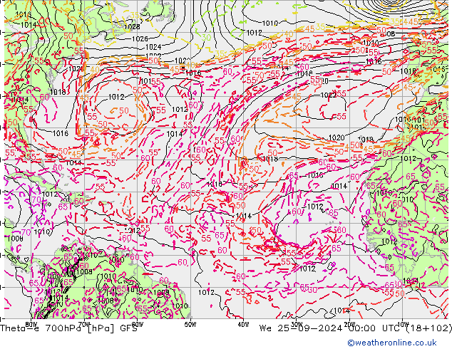 Theta-e 700hPa GFS mer 25.09.2024 00 UTC