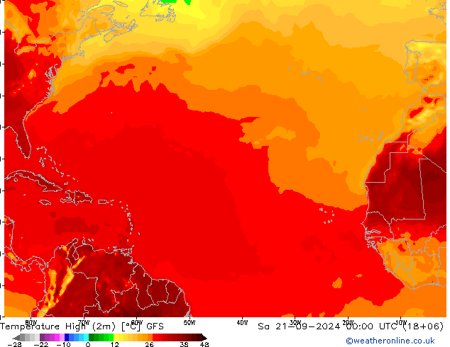 Nejvyšší teplota (2m) GFS So 21.09.2024 00 UTC