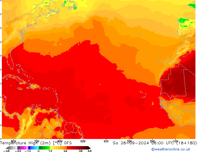 Nejvyšší teplota (2m) GFS So 28.09.2024 06 UTC