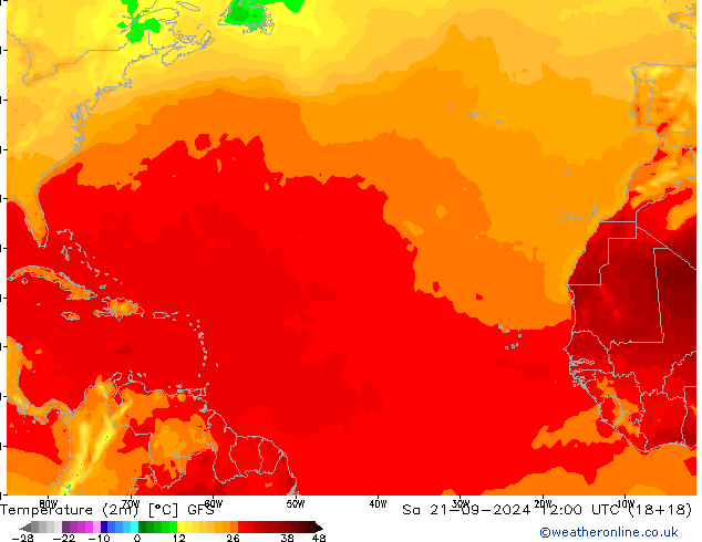 mapa temperatury (2m) GFS so. 21.09.2024 12 UTC