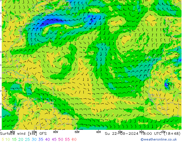 Viento 10 m GFS dom 22.09.2024 18 UTC