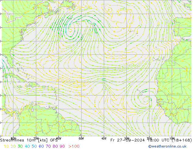 Ligne de courant 10m GFS ven 27.09.2024 18 UTC