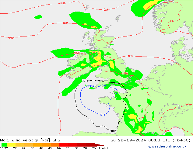 Max. wind velocity GFS dom 22.09.2024 00 UTC