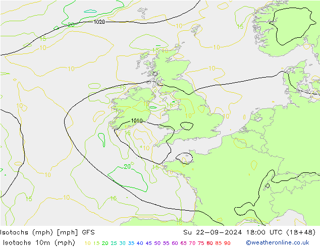 Isotachs (mph) GFS Su 22.09.2024 18 UTC