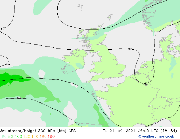 Jet stream/Height 300 hPa GFS Út 24.09.2024 06 UTC