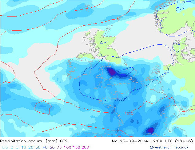 Precipitation accum. GFS pon. 23.09.2024 12 UTC