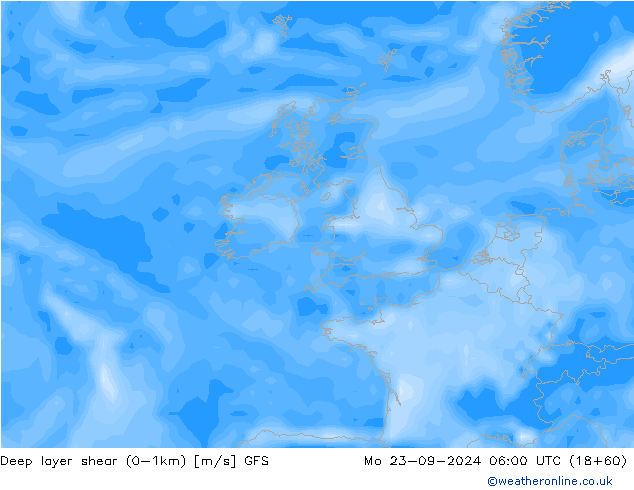 Deep layer shear (0-1km) GFS pon. 23.09.2024 06 UTC