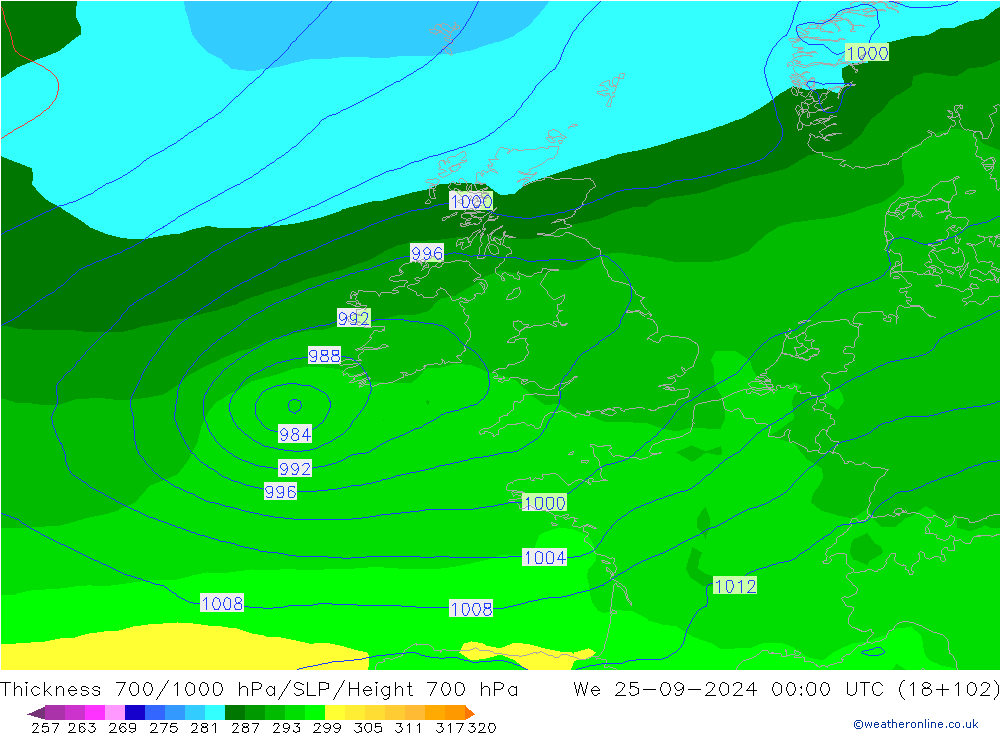 Thck 700-1000 hPa GFS We 25.09.2024 00 UTC