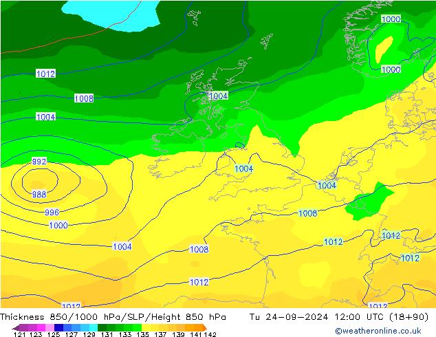 Thck 850-1000 гПа GFS вт 24.09.2024 12 UTC