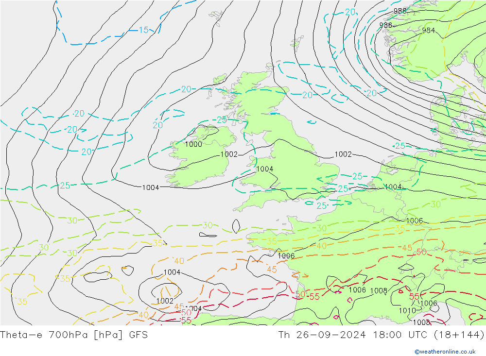 Theta-e 700hPa GFS Th 26.09.2024 18 UTC