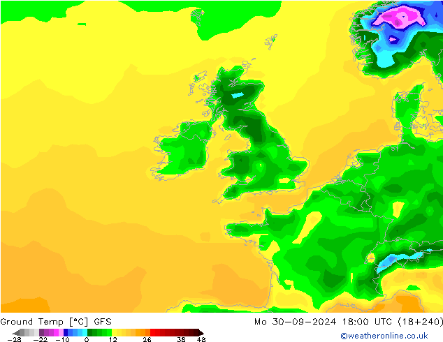 Temp. al suolo GFS lun 30.09.2024 18 UTC