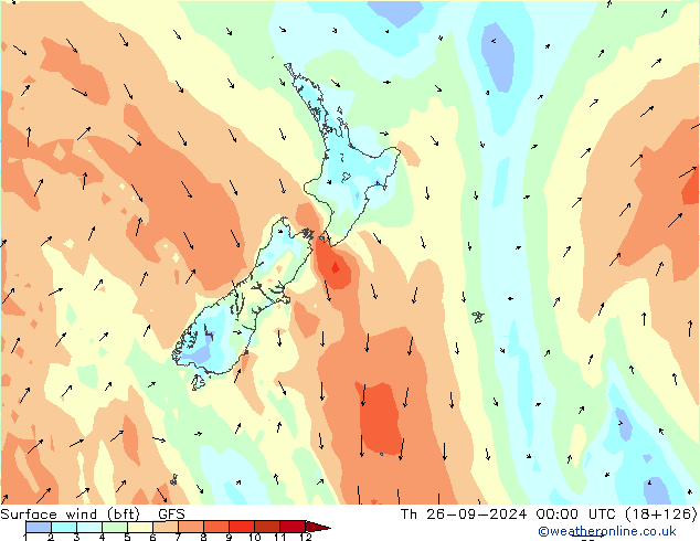 Surface wind (bft) GFS Čt 26.09.2024 00 UTC