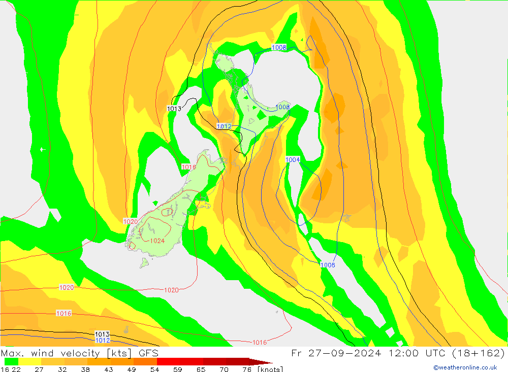 Max. wind snelheid GFS vr 27.09.2024 12 UTC