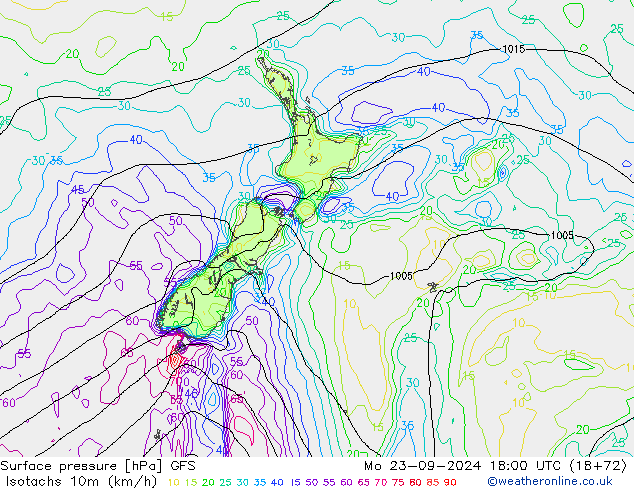 Isotachs (kph) GFS Mo 23.09.2024 18 UTC