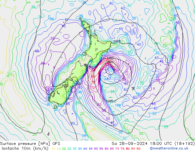 Isotachs (kph) GFS Sa 28.09.2024 18 UTC