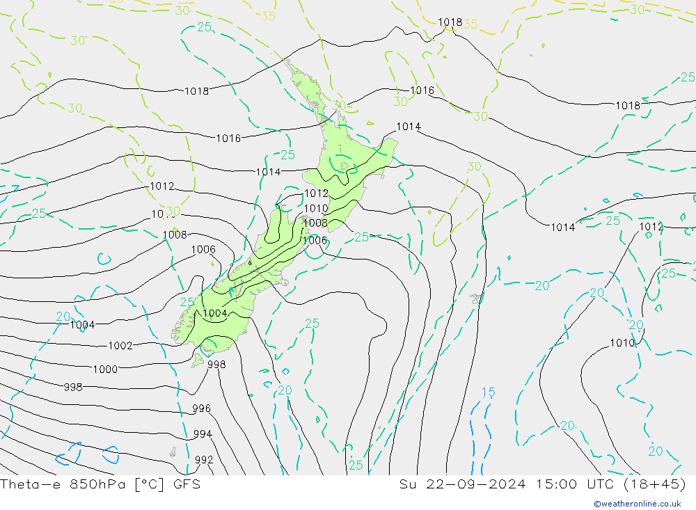 Theta-e 850hPa GFS Paz 22.09.2024 15 UTC