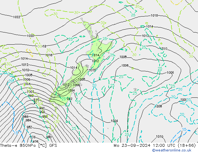 Theta-e 850hPa GFS pon. 23.09.2024 12 UTC