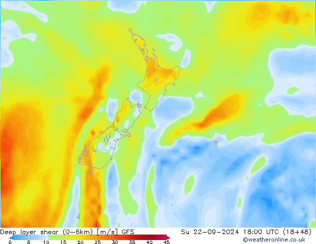 Deep layer shear (0-6km) GFS Su 22.09.2024 18 UTC